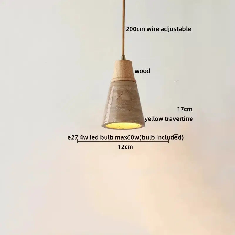 A decorbites led hanging lamp featuring a warm yellow travertine body with a wood top in a cone-shaped pendant design