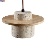 Decorbites led hanging lamp with rustic concrete off-white base, wooden platform, and copper cord for home decor