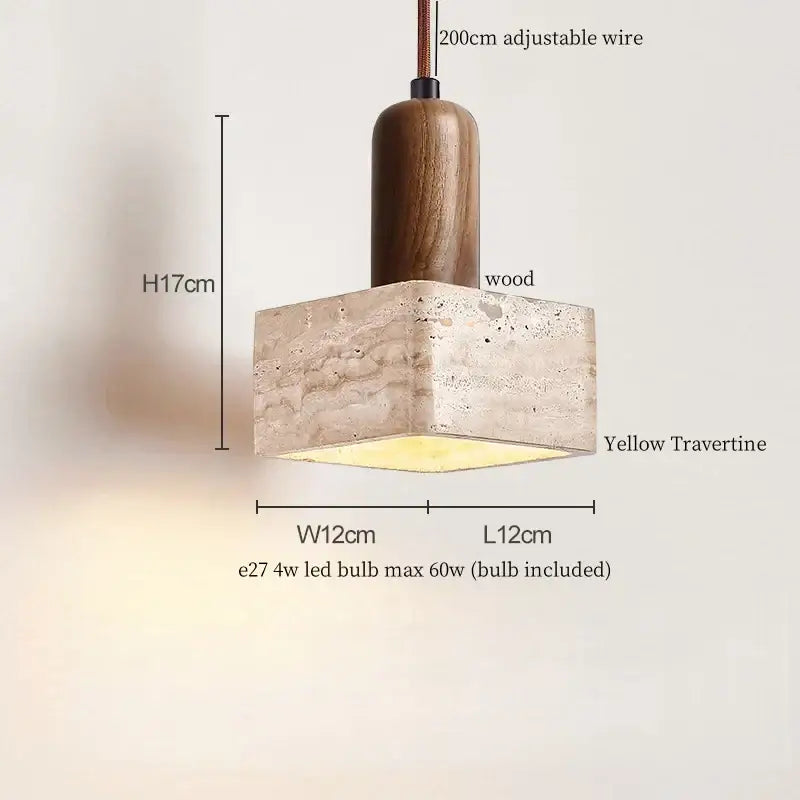 DecorBites LED hanging lamps featuring a yellow travertine square base and dark wood top for bedroom lighting