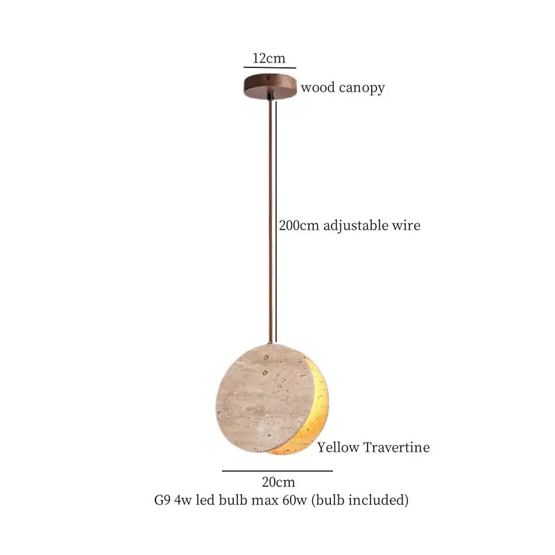 A decorbites led hanging lamp with a yellow travertine circular shade suspended from a wooden canopy for indoor use