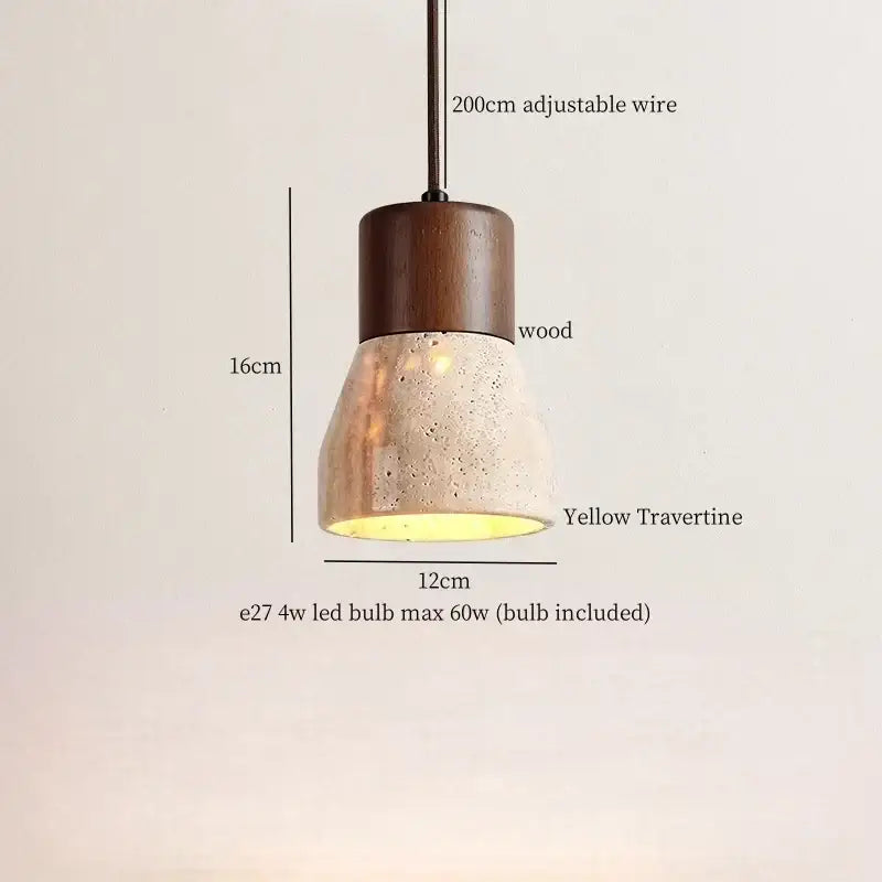 A modern decorbites led hanging lamp with a warm yellow travertine shade and dark wood top for living spaces