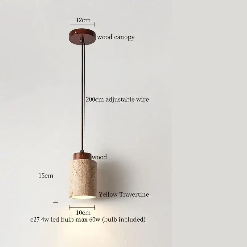 A decorbites led hanging cylindrical pendant light with a warm yellow travertine shade and dark wood canopy and base