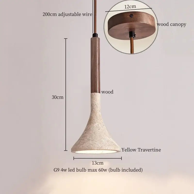 A decorbites led hanging lamp with a textured yellow travertine shade and wooden stem for bedroom lighting