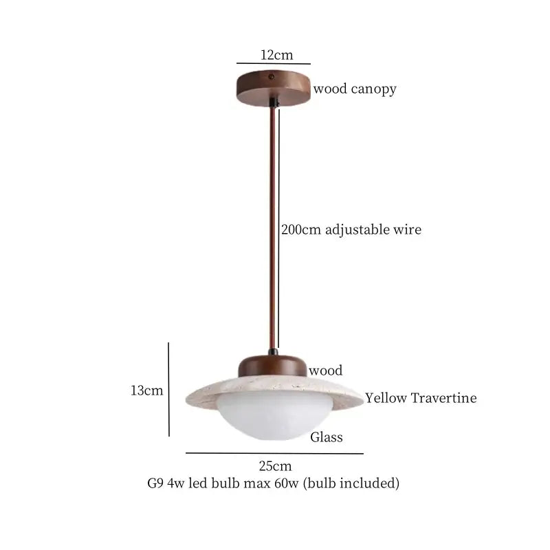 DecorBites led hanging lamps with yellow travertine ring, wooden canopy, and frosted glass for bedroom lighting