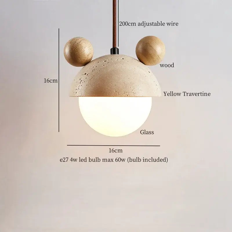 Cute acorn-shaped decorbites led hanging lamps with yellow travertine top wooden ears and frosted glass globe