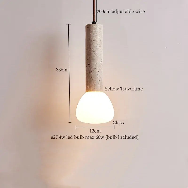 A decorbites led hanging lamp featuring a cylindrical yellow travertine body with a frosted glass bulb for indoor use