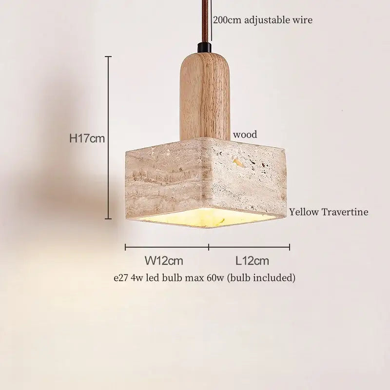 Decorbites led hanging lamps with a square yellow travertine shade and wooden top for bedroom and dining room lighting