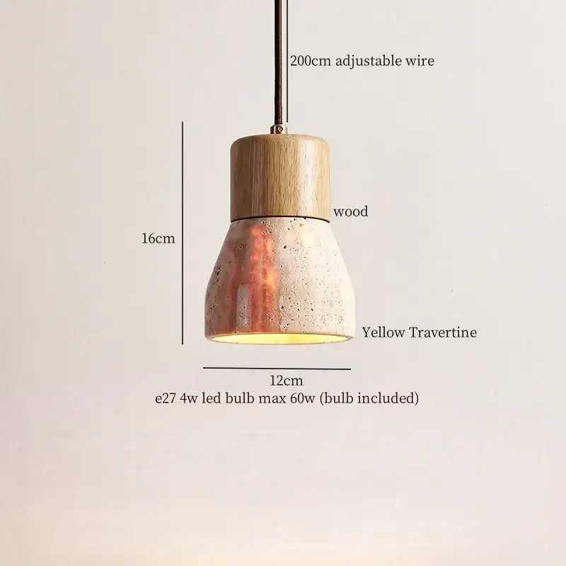A modern DecorBites LED hanging lamp with a wooden top and textured yellow travertine shade for living spaces