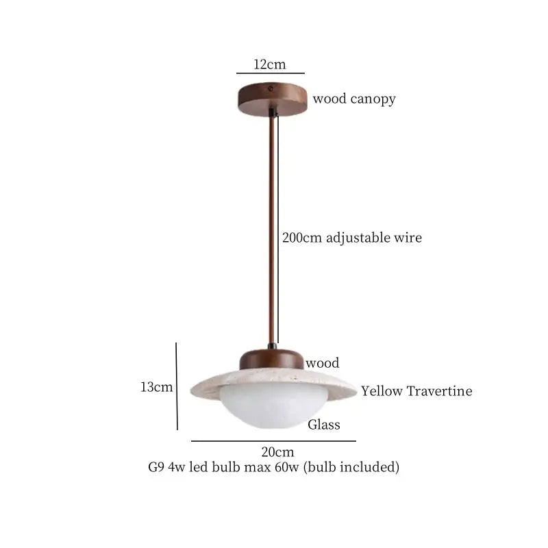 A decorbites led hanging lamp with a yellow travertine glass shade wood canopy and adjustable bronze wire for indoor use