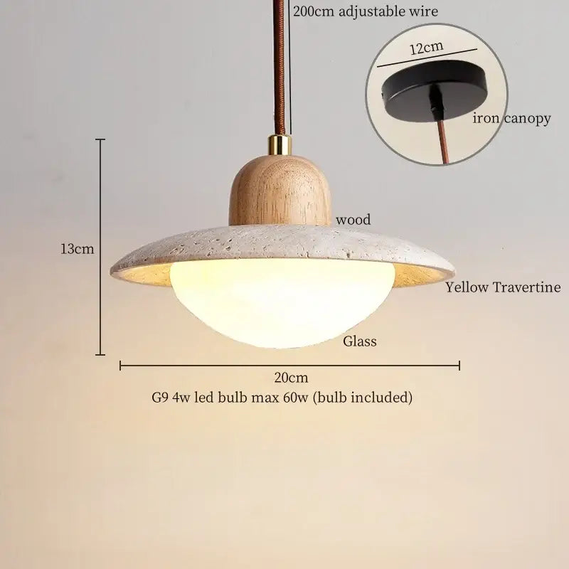 A modern decorbites led hanging lamp with a wooden top yellow travertine shade and gold-toned metal accents