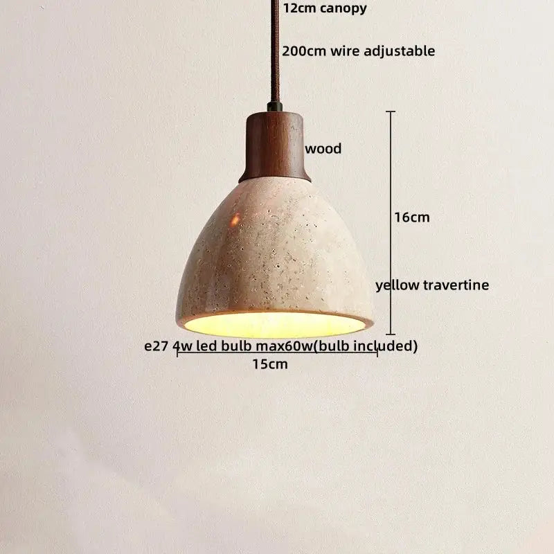 DecorBites LED hanging pendant light with yellow travertine shade and dark wood canopy with adjustable wire