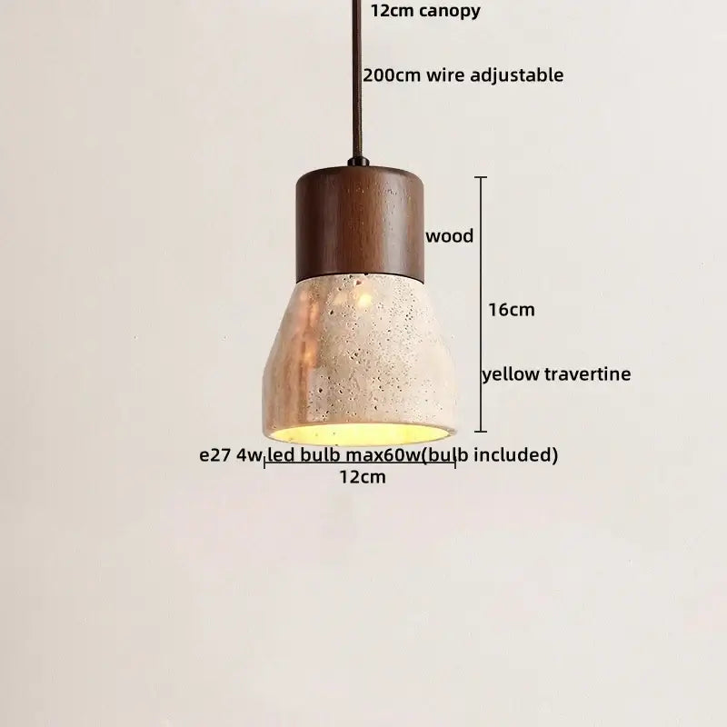 Decorbites led hanging pendant light with dark wood canopy and textured yellow travertine shade for modern decor