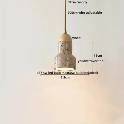 DecorBites led hanging pendant light with textured yellow travertine body wooden canopy and brass-finished wire