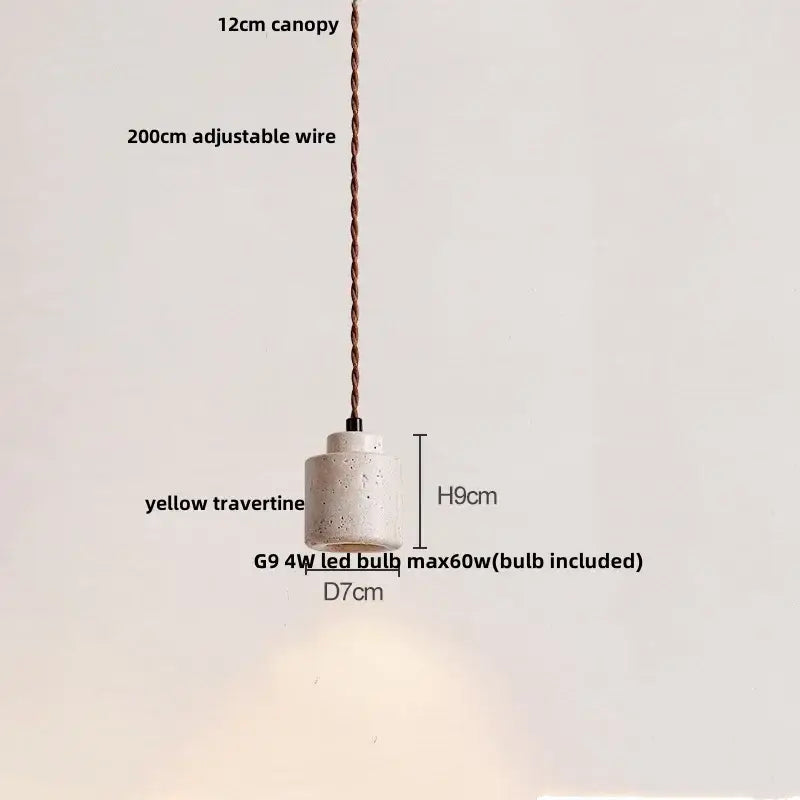 Minimalist decorbites led hanging pendant light with yellow travertine cylindrical shade and twisted copper wire suspension