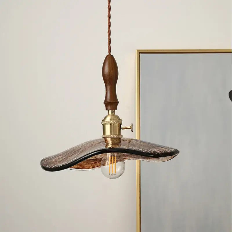 Decorbites led hanging warm-toned glass pendant light with wooden handle and brass hardware for modern interiors