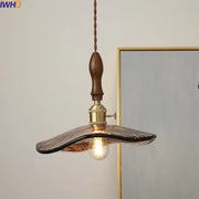 A warm-toned hand-blown glass decorbites led hanging light with bronze metal fixture and wooden handle for living rooms