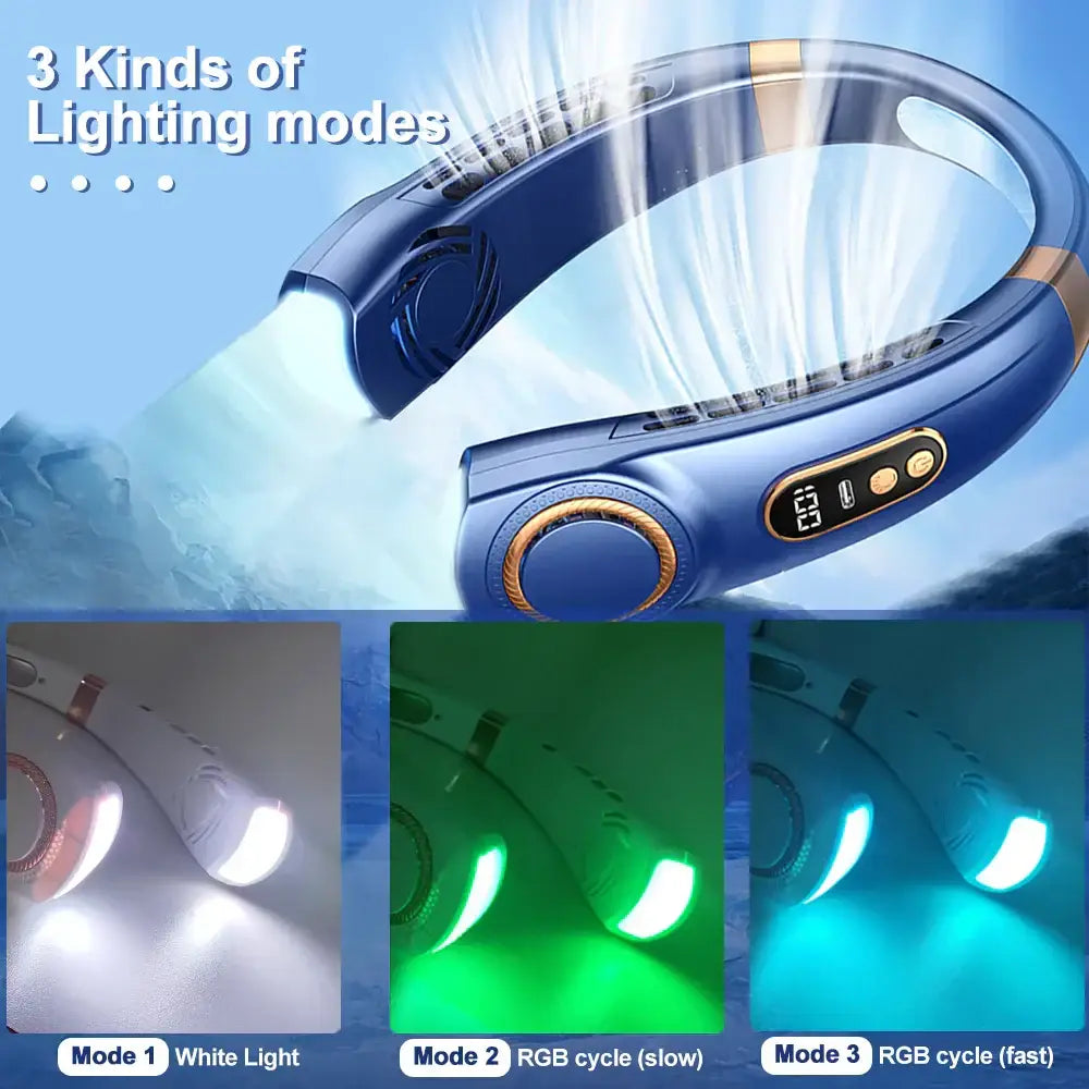 Decorbites™ led hanging neck fan in blue and gold with colorful atmosphere lights and night light modes for usb use