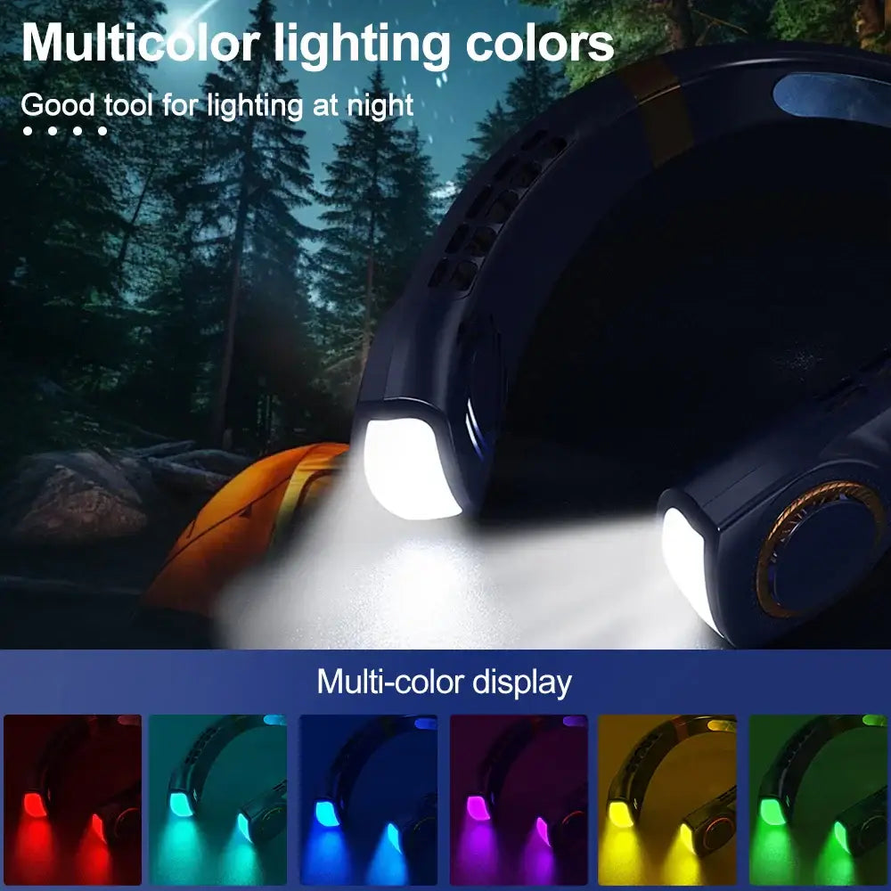 DecorBites™ led hanging neck fan in dark blue with colorful atmosphere lights and adjustable night light features