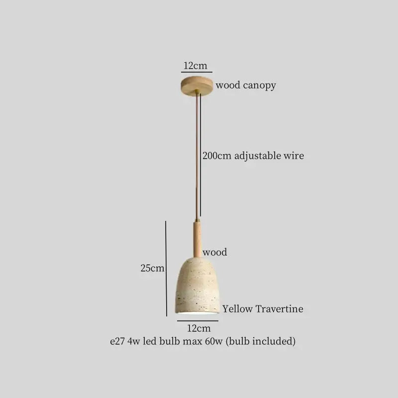 Minimalist decorbites led hanging pendant light with natural wood stem and yellow travertine shade for living room