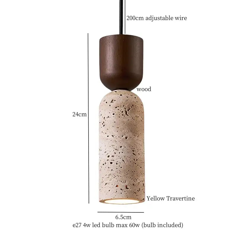 Decorbites led hanging pendant light with dark wood top and textured yellow travertine shade for living room decor
