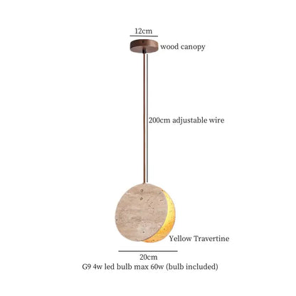 Decorbites led hanging pendant light with circular yellow travertine shade and wooden canopy for living room