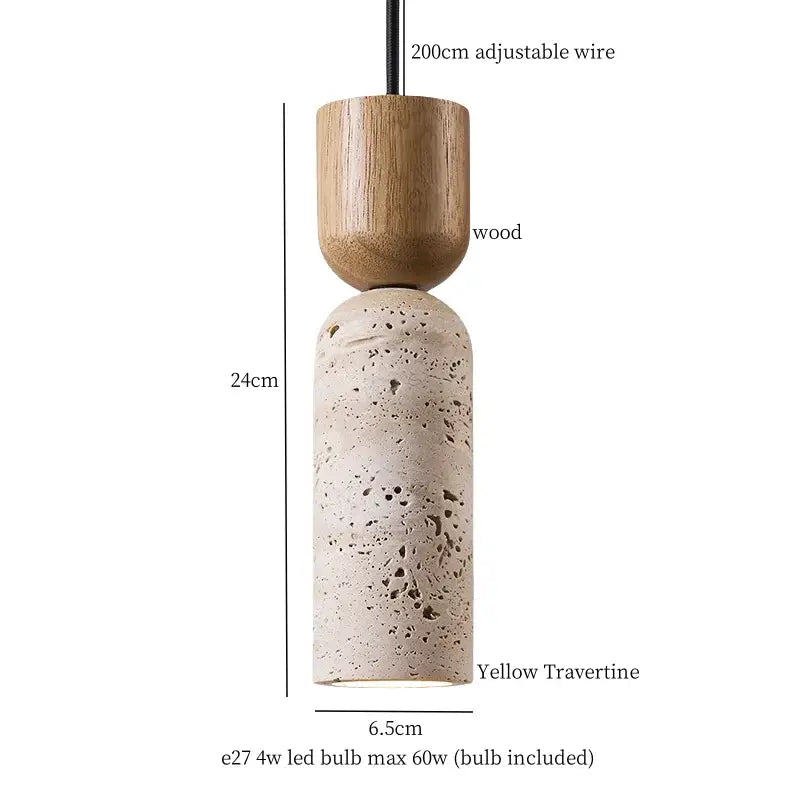 Decorbites led hanging pendant light with warm wooden top and beige yellow travertine body for modern living room
