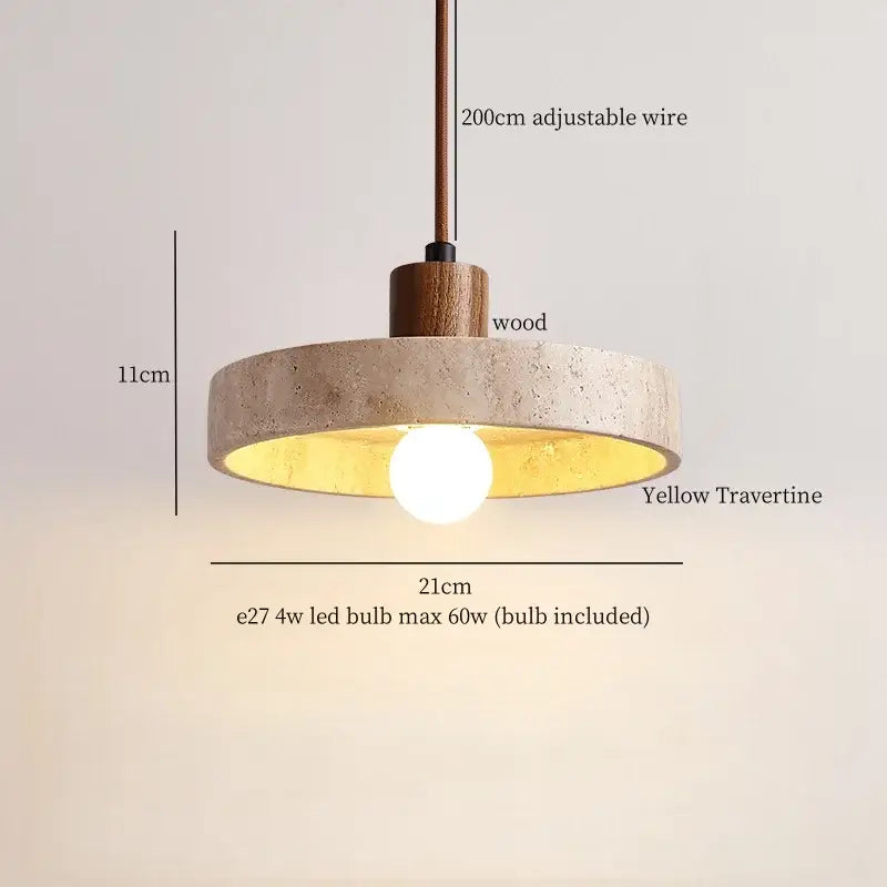 Decorbites led hanging pendant light with yellow travertine shade wooden top and bronze adjustable wire for living room
