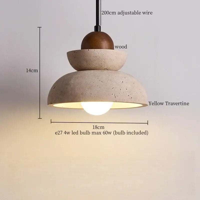 DecorBites LED hanging pendant light with stacked yellow travertine stone tiers and brown wooden top for living room
