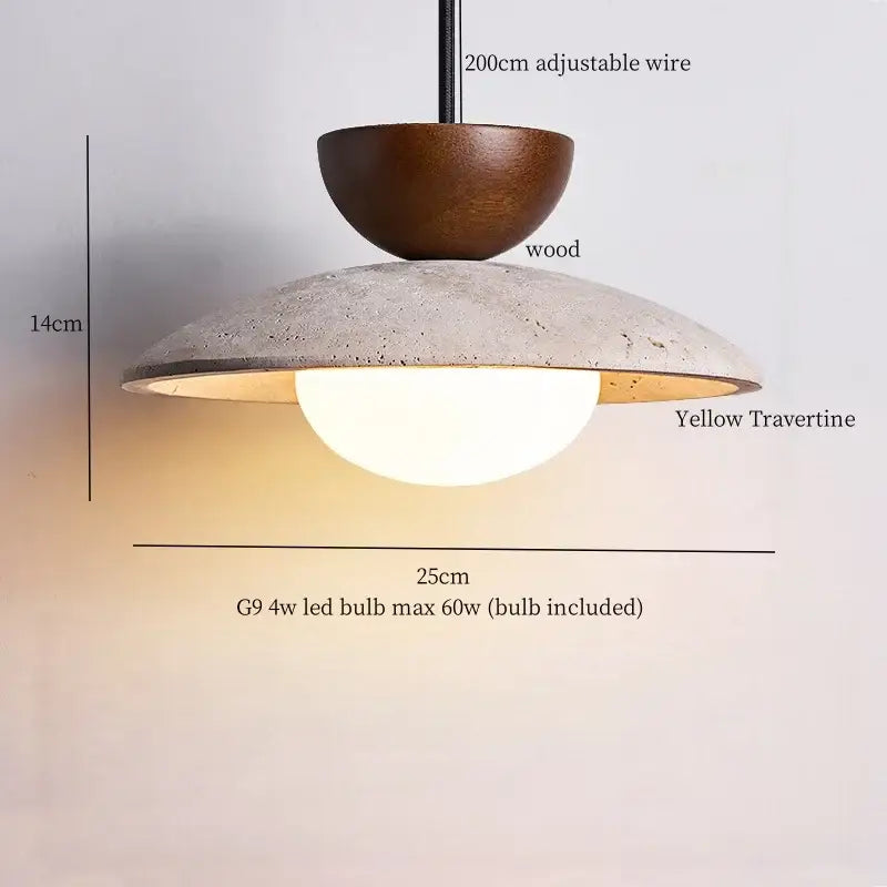 DecorBites LED hanging pendant light with a warm wooden top, textured concrete shade, and yellow travertine accents