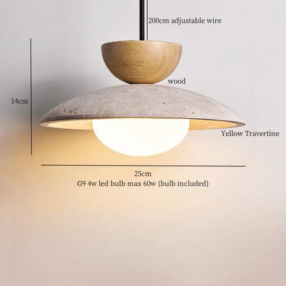 Decorbites led hanging pendant light with warm wood top and yellow travertine shade for mid-century modern living rooms