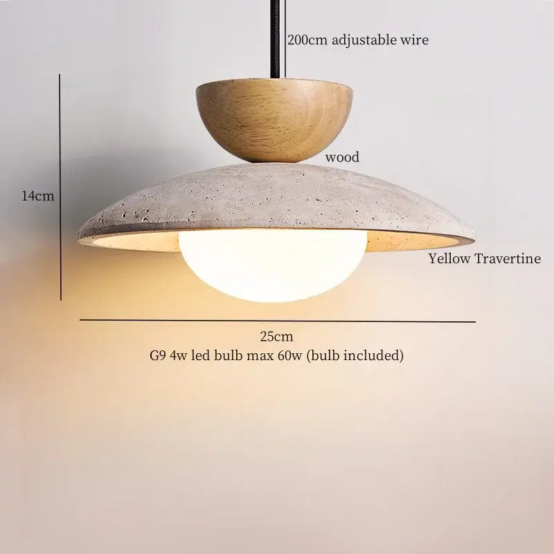 Decorbites led hanging pendant light with warm wood top and yellow travertine shade for mid-century modern living rooms
