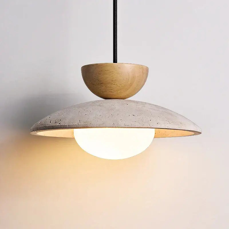 Decorbites led hanging pendant light with matte concrete disc wooden hemisphere and glowing glass globe for living room