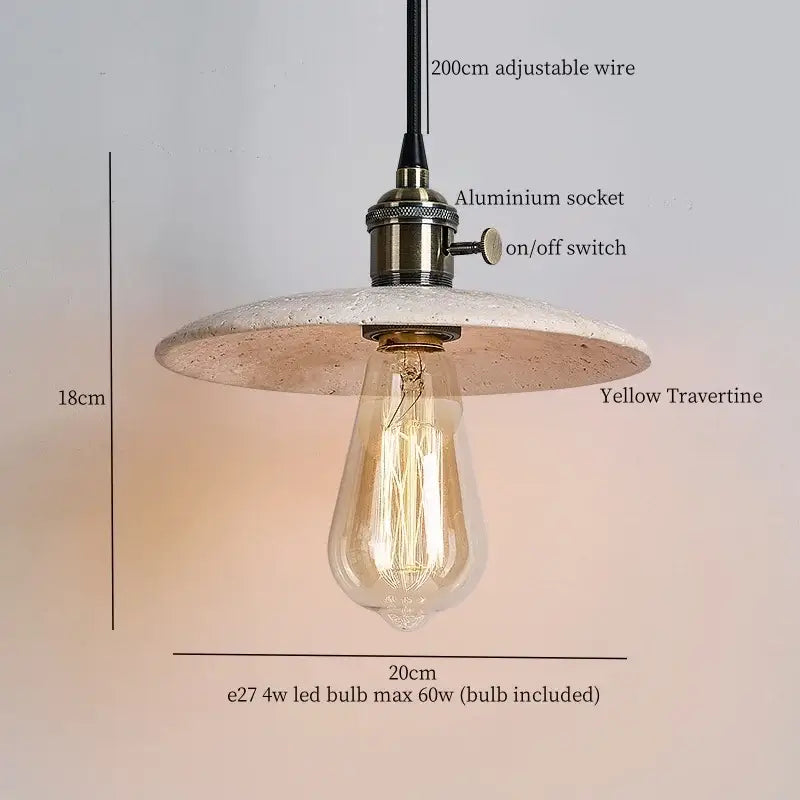 Decorbites led hanging pendant light in yellow travertine with brass-finished aluminum socket and edison bulb