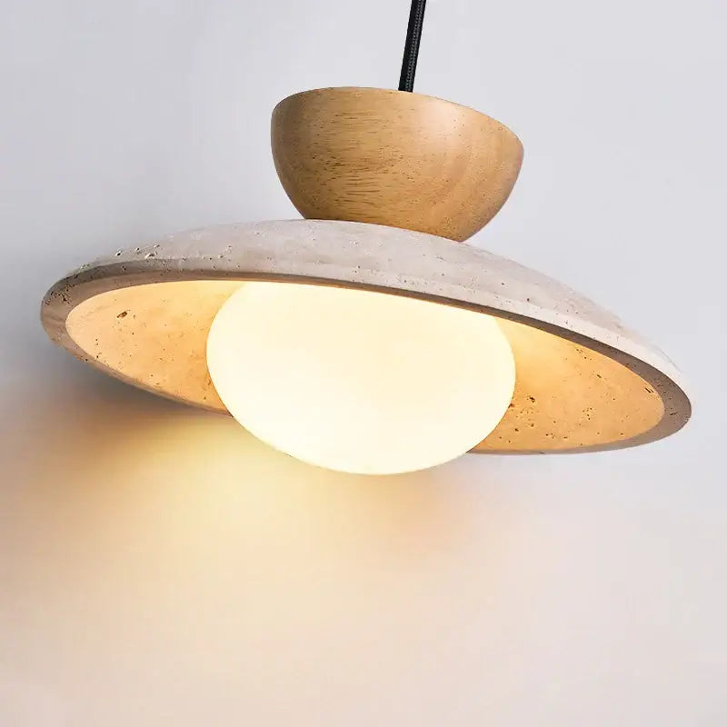 Modern DecorBites led hanging pendant light with warm wood top, speckled concrete ring, and frosted glass orb for living room