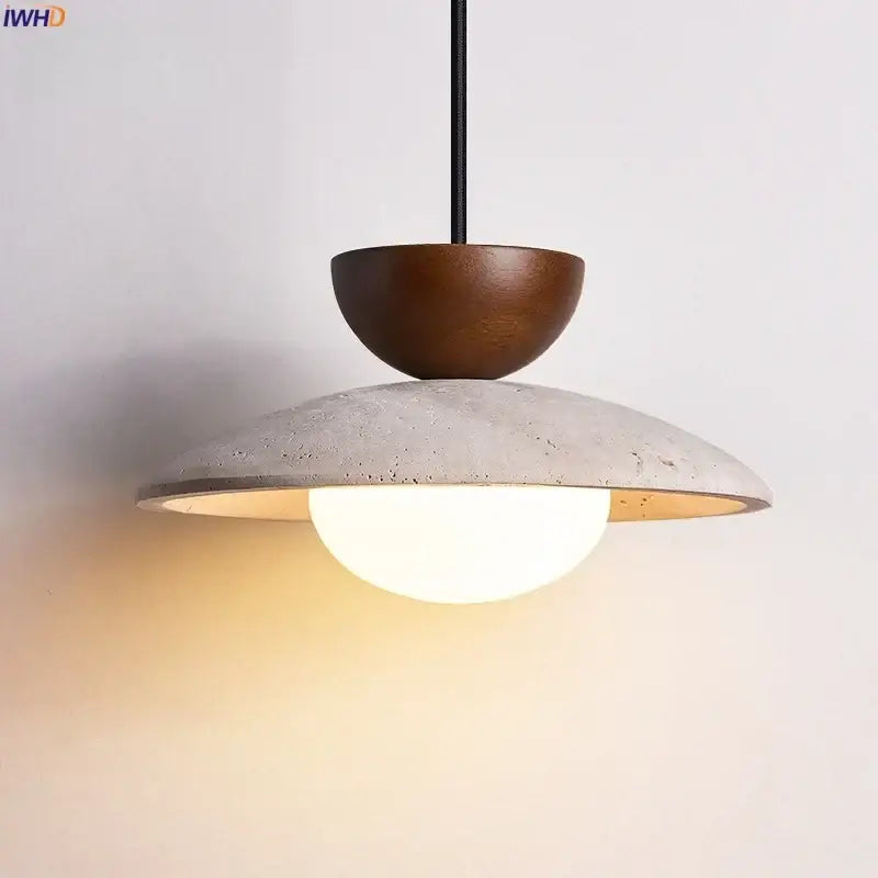 DecorBites led hanging pendant light with matte concrete disc, yellow travertine wood, and frosted glass globe