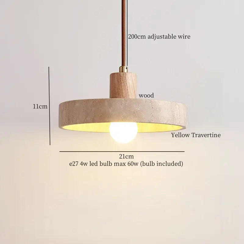 Decorbites led hanging pendant light with circular yellow travertine shade wooden top mount 200cm wire