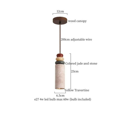 DecorBites™ led hanging yellow travertine pendant light with wood canopy and colored jade beads for living room use