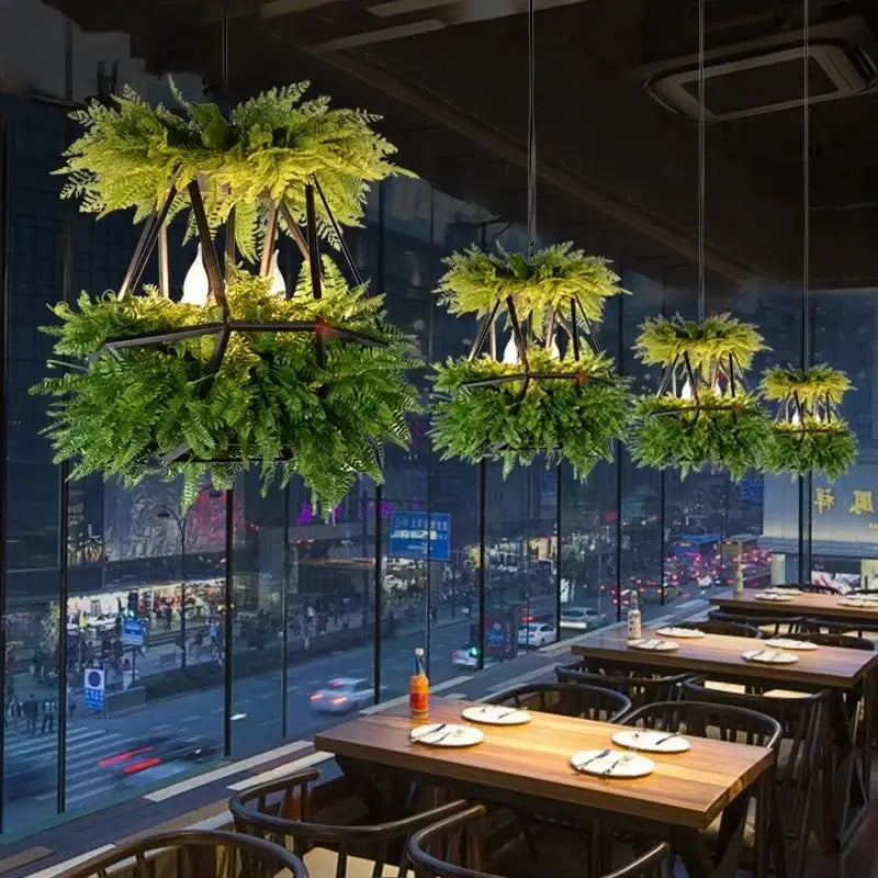 Decorbites led hanging plants chandelier with green ferns in geometric metal frames for living room eye protection light