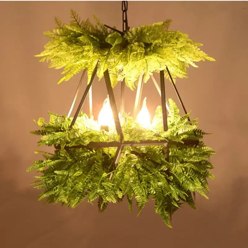 Decorbites led hanging plants chandelier with geometric metal frame and green ferns illuminated by warm bulbs for living room