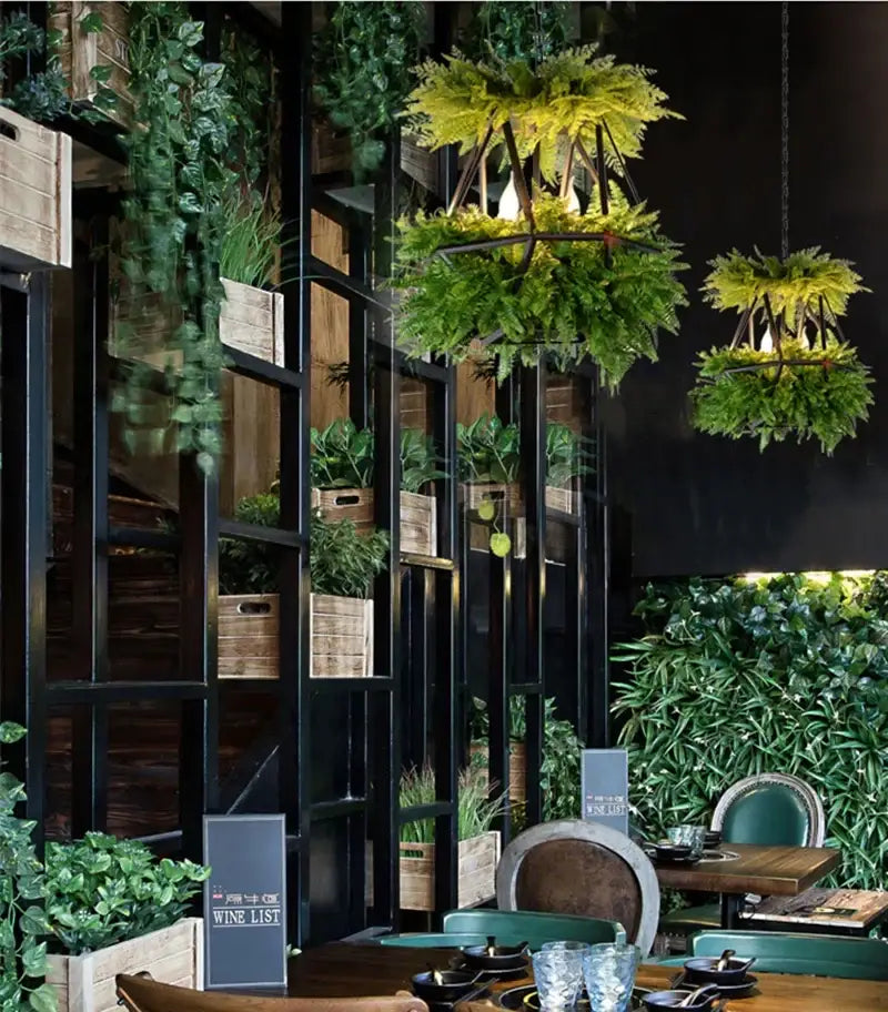 DecorBites LED hanging plants chandelier with dark metal frame and lush green foliage for living room eye protection