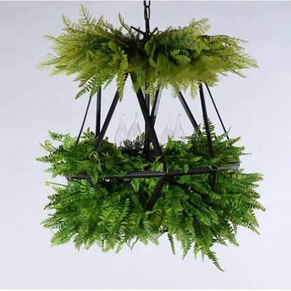 Decorbites led hanging plants chandelier with black metal geometric frame and vibrant green artificial ferns for living room
