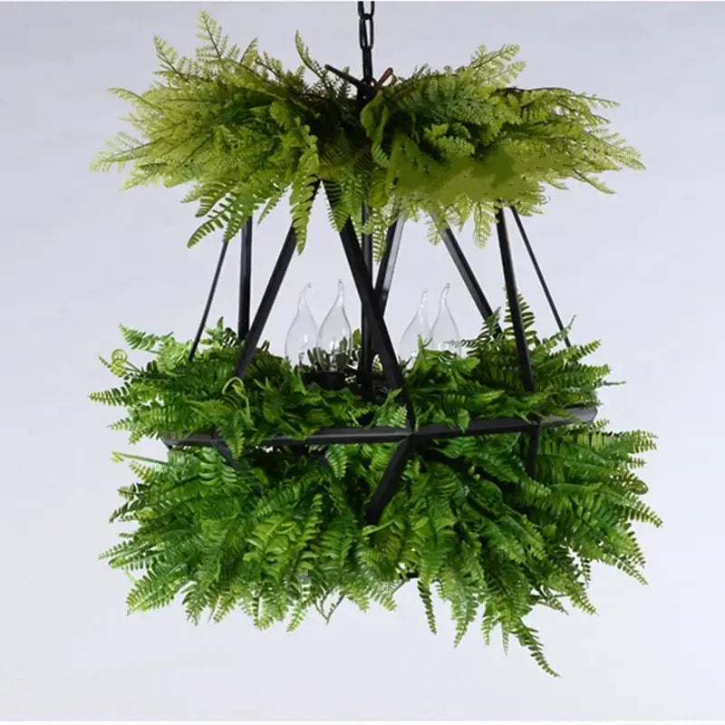 Decorbites led hanging plants chandelier with black metal geometric frame and vibrant green artificial ferns for living room