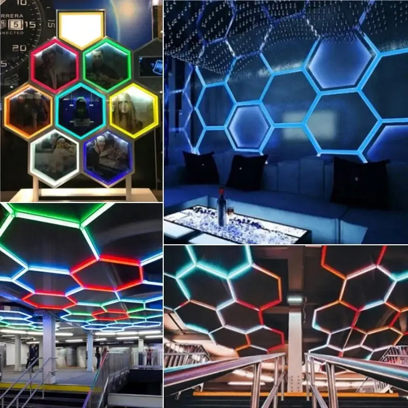Decorbites led hex garage light with remote control featuring hexagonal panels glowing blue green red and orange edges