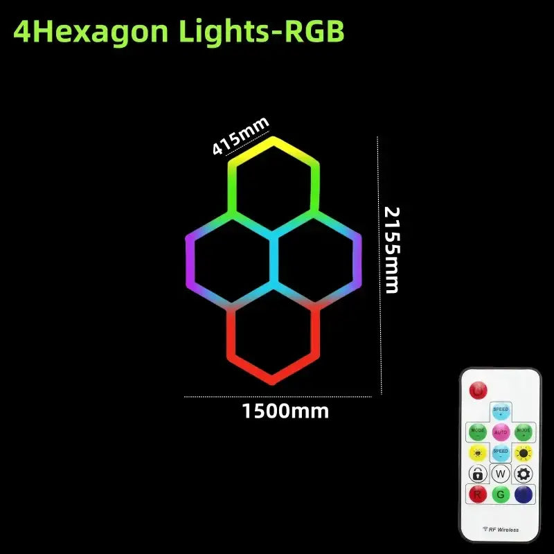Decorbites LED hex garage light with four interconnected rgb panels and matching remote control for versatile lighting