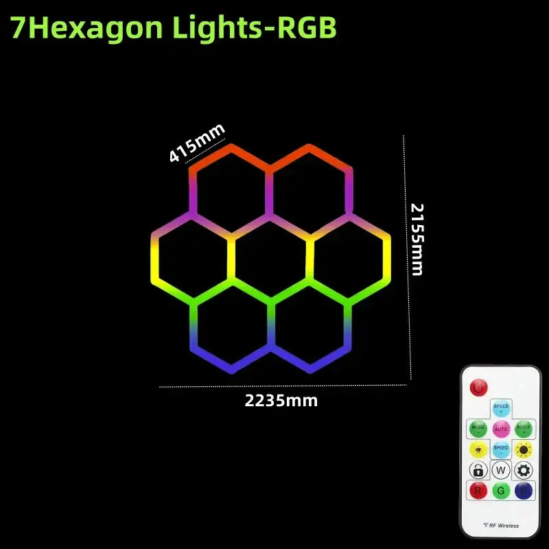 Rgb led hexagon light set with seven colorful panels and remote control for decorbites led hex garage light use
