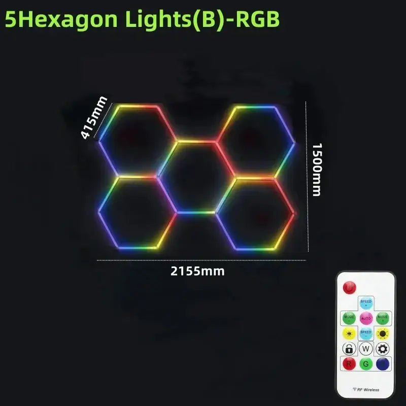 Set of five decorbites led hex garage lights with colorful glowing edges arranged in a honeycomb pattern with remote control