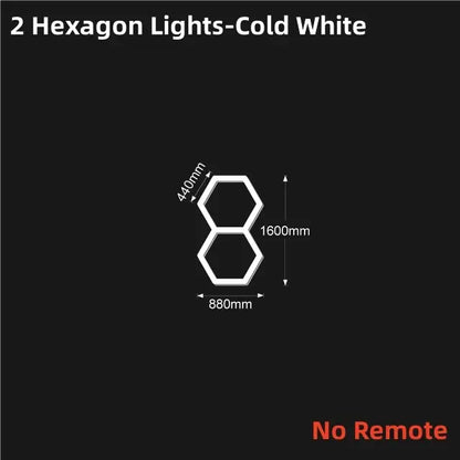 Two interconnected cold white decorbites led hex lights measuring 440mm by 1600mm for garage use with remote control