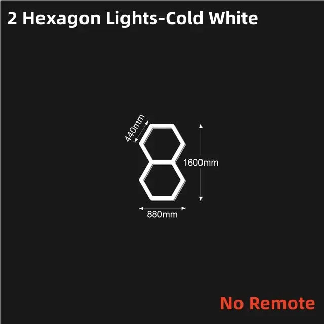 Two interconnected cold white decorbites led hex lights measuring 440mm by 1600mm for garage use with remote control