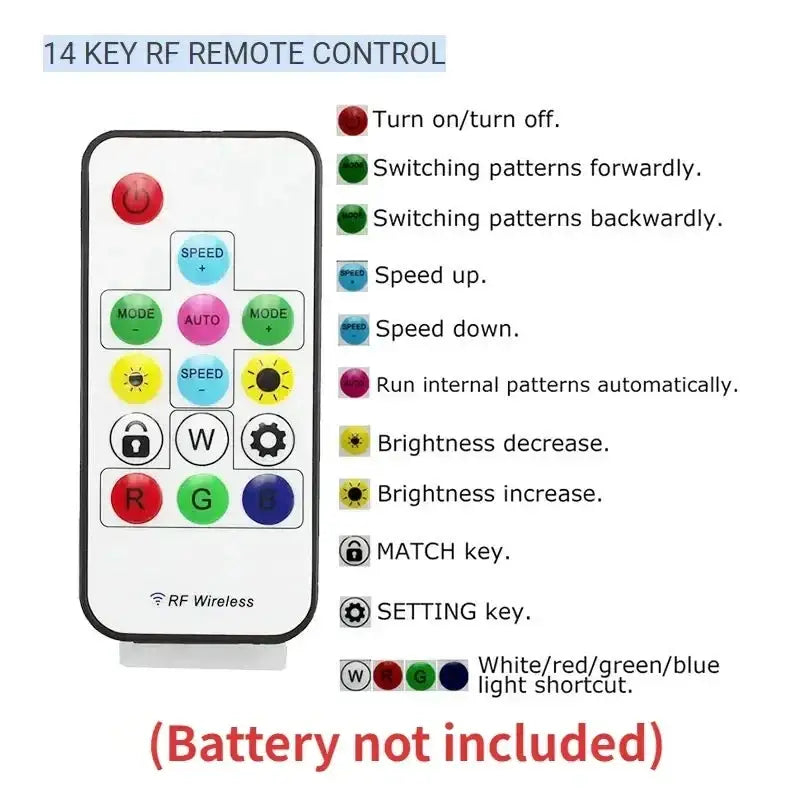 White rectangular 14-key rf remote control with colorful buttons for lighting functions of decorbites led hex garage light