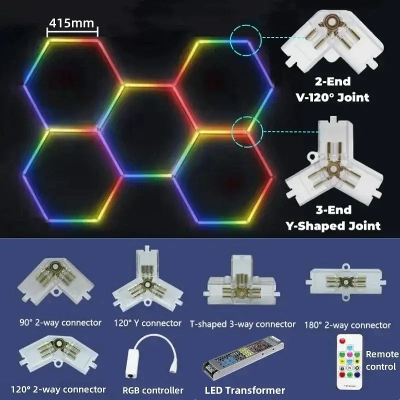 Decorbites led hex white plastic hexagonal led garage light panels with rainbow glowing edges and remote control